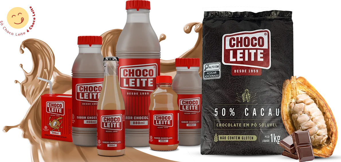 Linha atual Choco Leite: garrafas de vidro, PET, caixinha UHT e chocolate em pó 50% cacau