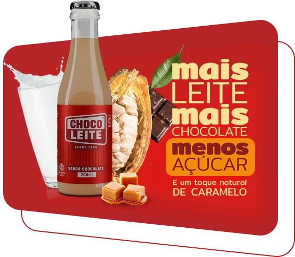 Garrafa Choco Leite com leite, cacau e caramelo: mais leite, mais chocolate, menos açúcar e um toque natural de caramelo